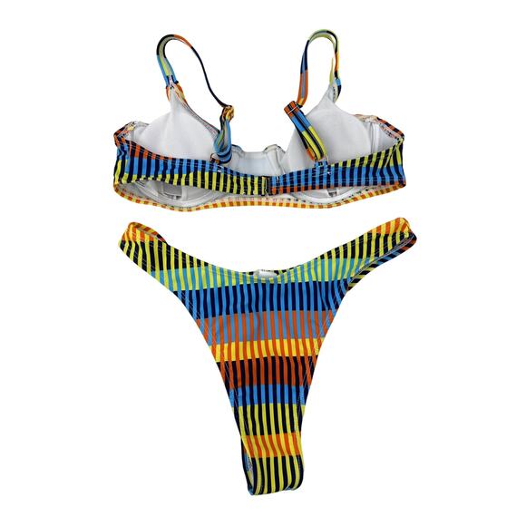 Unknown Brand - Underwired Striped Top & Hi Leg Bikini in Blue Yellow & Orange - Picture 3 of 3